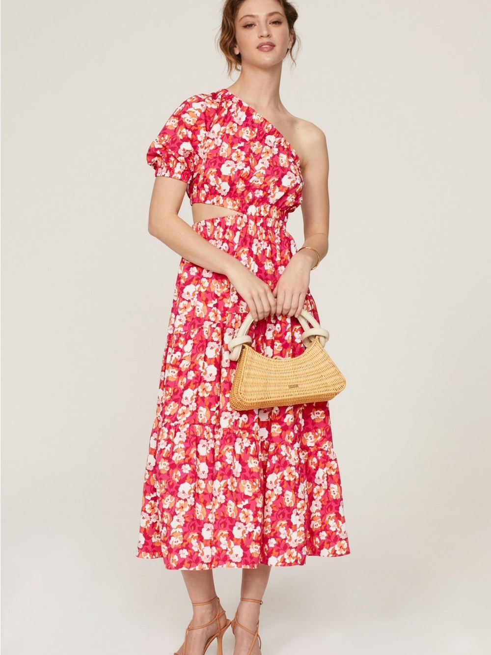 Peter Som Pink Floral One-Shoulder Midi Dress